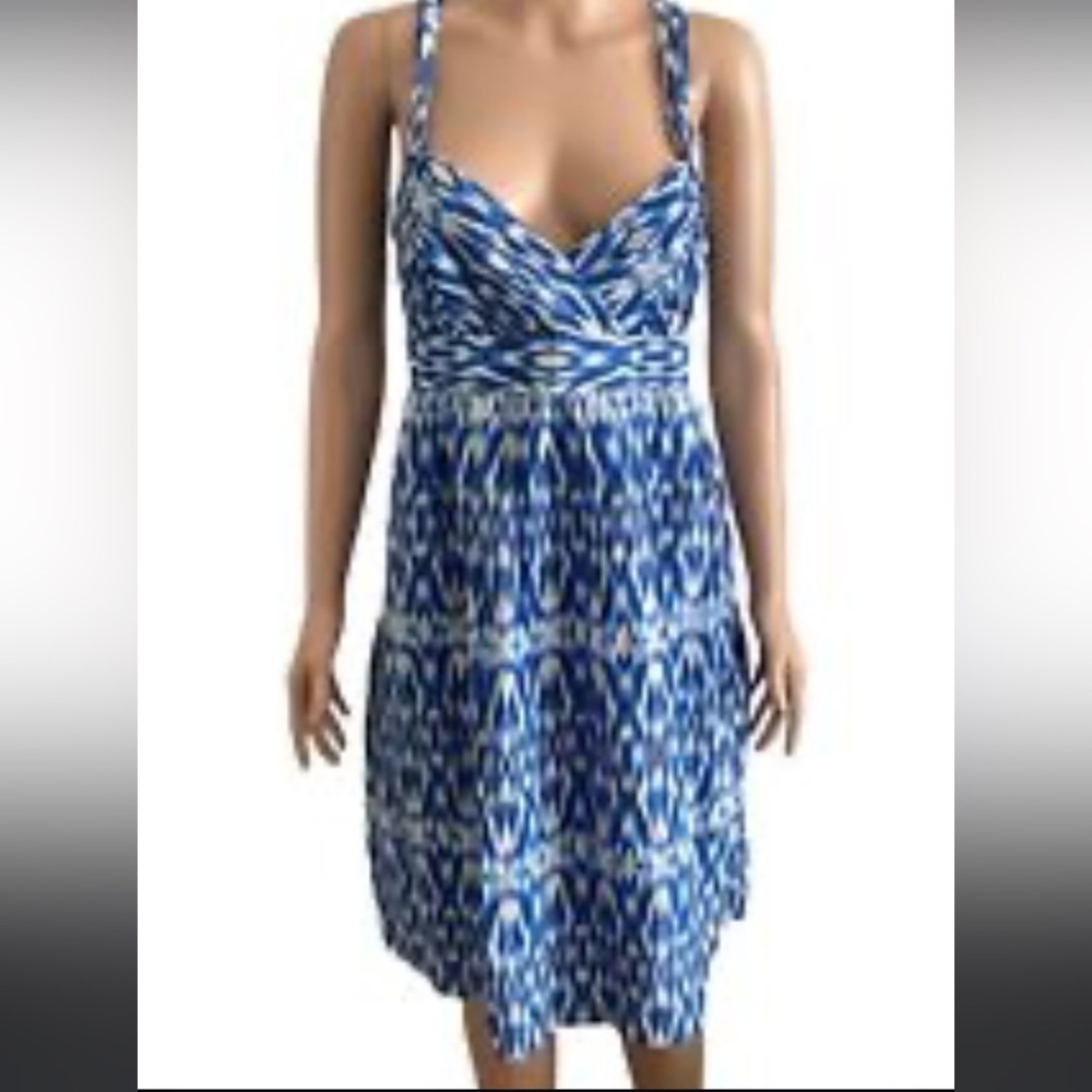 Ann Taylor LOFT blue white Ikat Southwest print cotton silk dress Sz 12